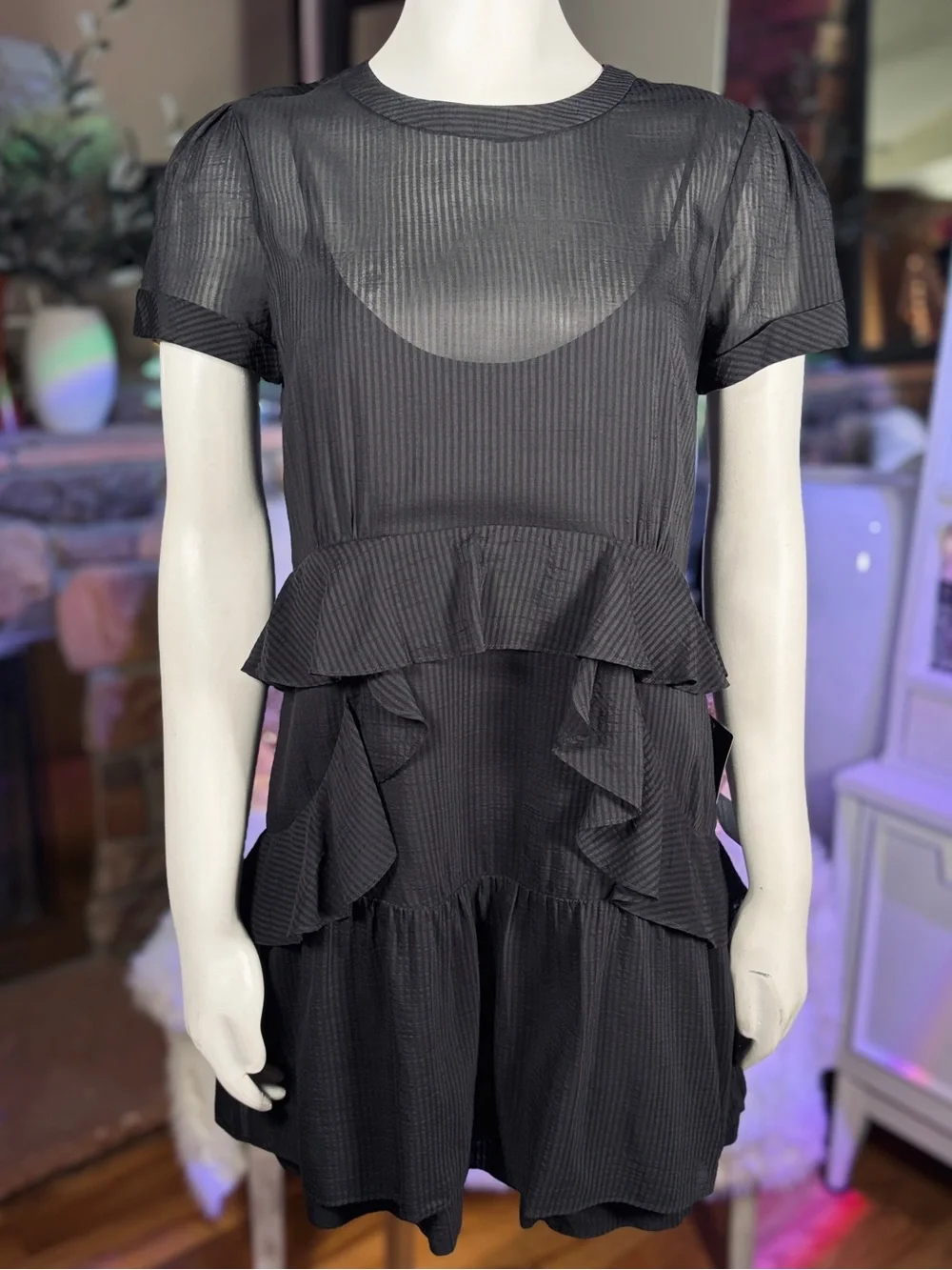 bcbg black sheer dress Max Azria “Inez” Stripe Short Sleeve Ruffle Dress, Sz XS Mini dress size_9.5 Snow Queen Frosty Fairytale Color:METALLIC SKY BLUE an aesthetic and an